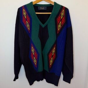 Vintage Pringle V-Neck Sweater with Geometric Pattern